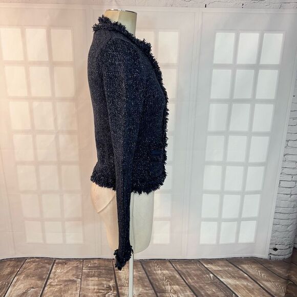 Express Navy Silver Metallic Hints Frayed Knit Long Sleeve Sweater Size Small - Picture 4 of 10